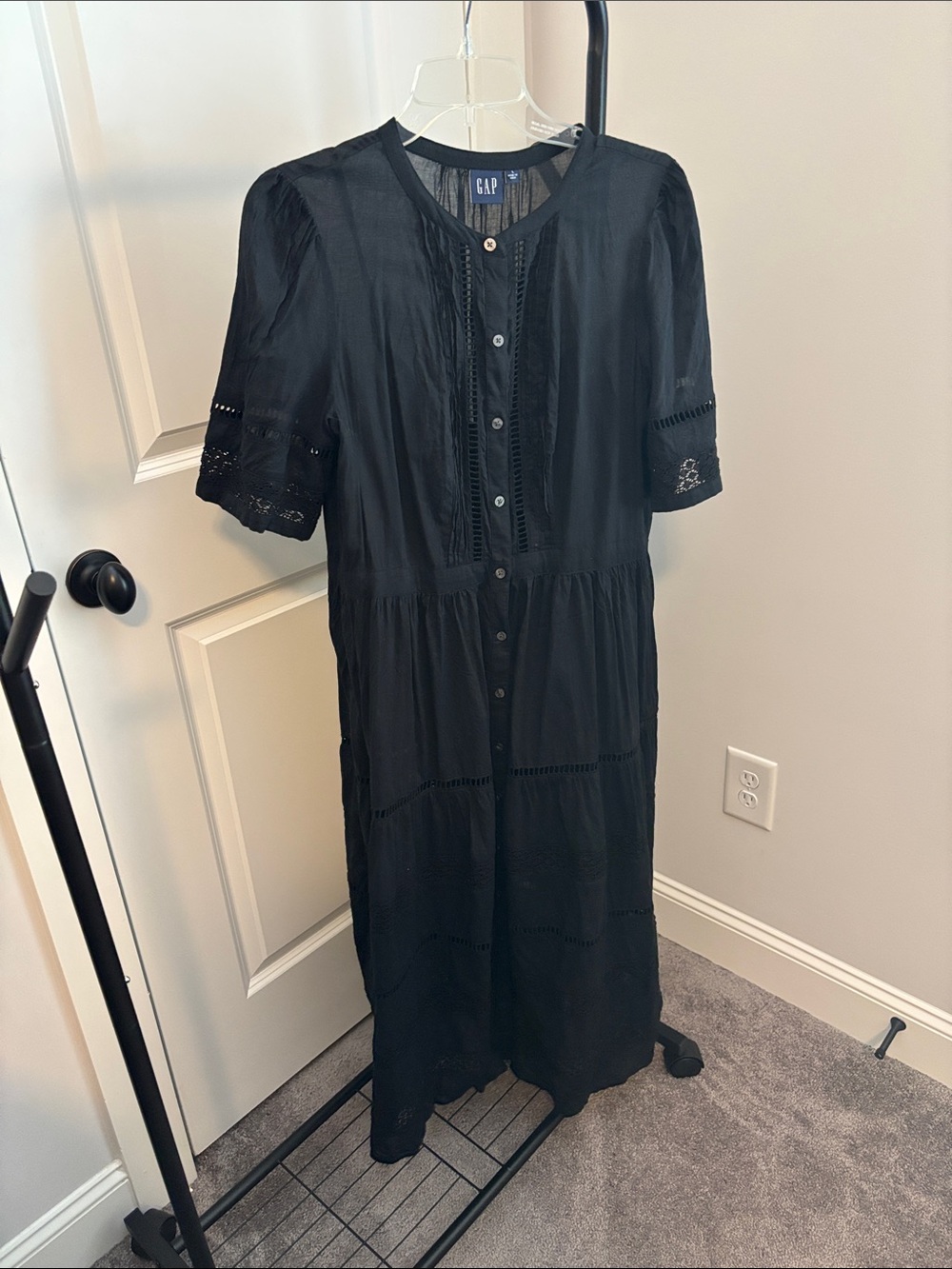 GAP Black Button-Front Maxi Dress with Eyelet Trim. Designer inspired.